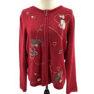 Christopher & Banks Cat-Themed Embroidered Zip-Up Cardigan Sweater Womens XL